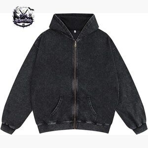 Oversized Vintage Cotton Zip Hoodie Distressed Baggy Long Sleeve